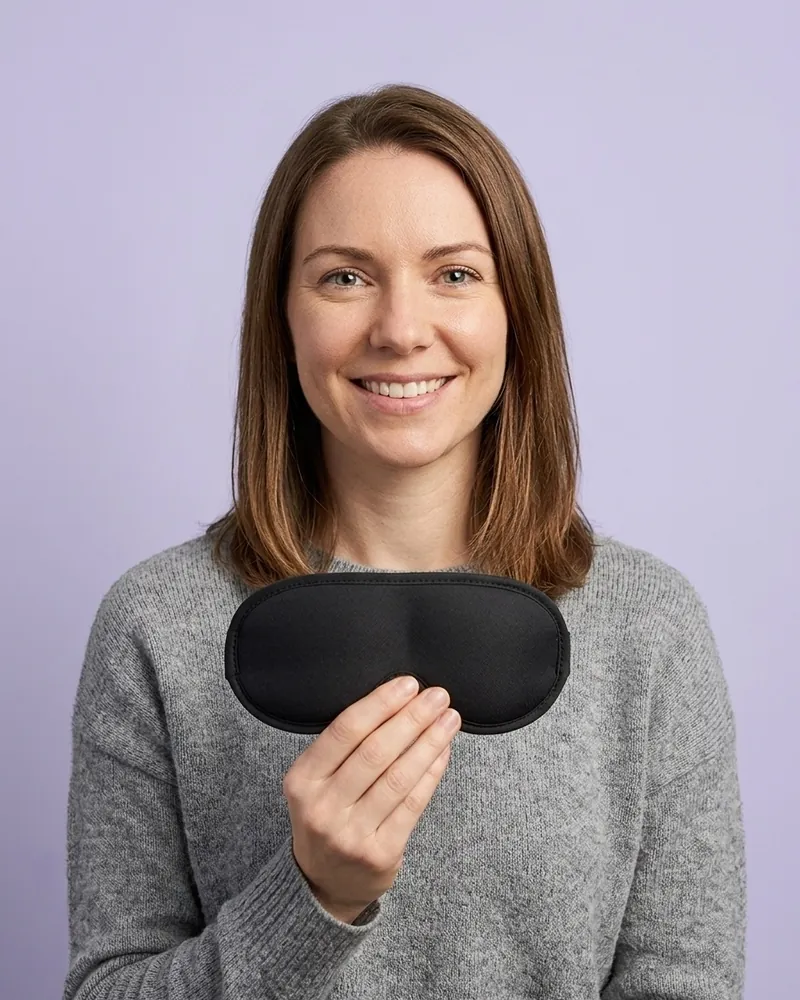 Smiling traveller holding the Flyrest eye mask